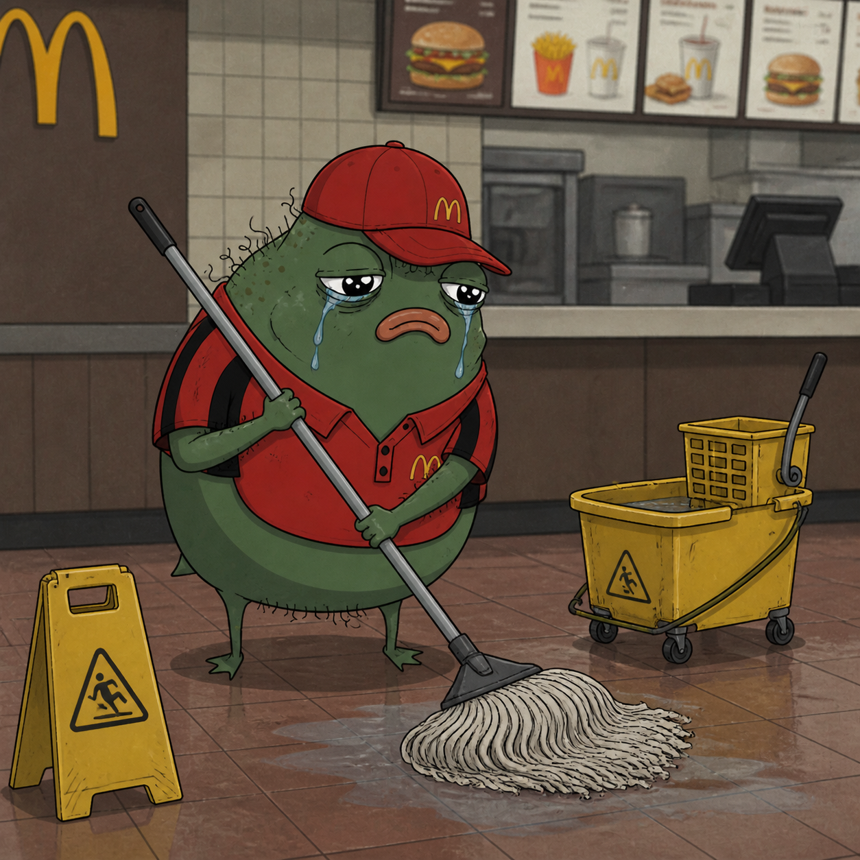 Wagestacio the frog mopping a wet tiled floor next to a yellow bucket and caution sign