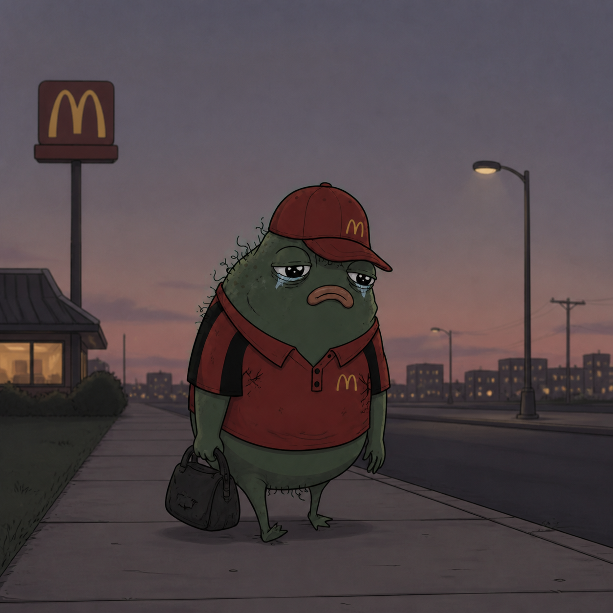 Wagestacio the frog walking home alone at dusk with his bag past the roadside sign