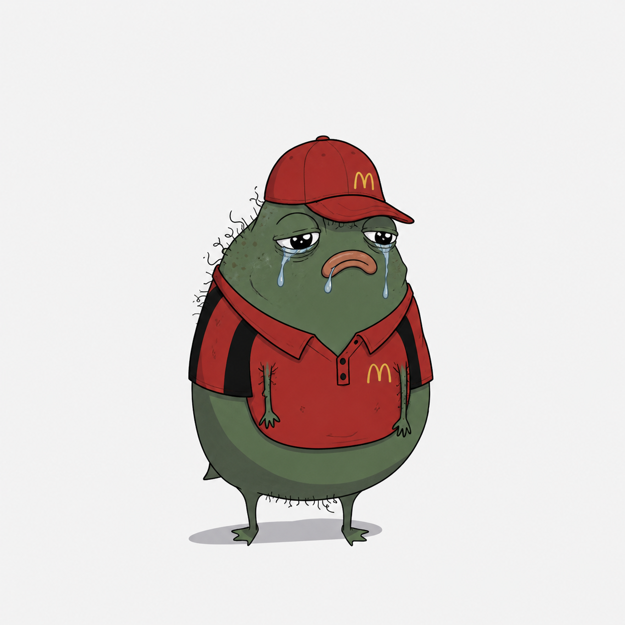 Wagestacio, a crying frog in a red fast-food uniform and cap